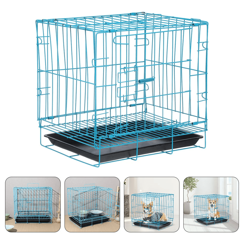 Cage en métal turquoise avec plateau noir, porte frontale, structure pliable et grilles robustes.