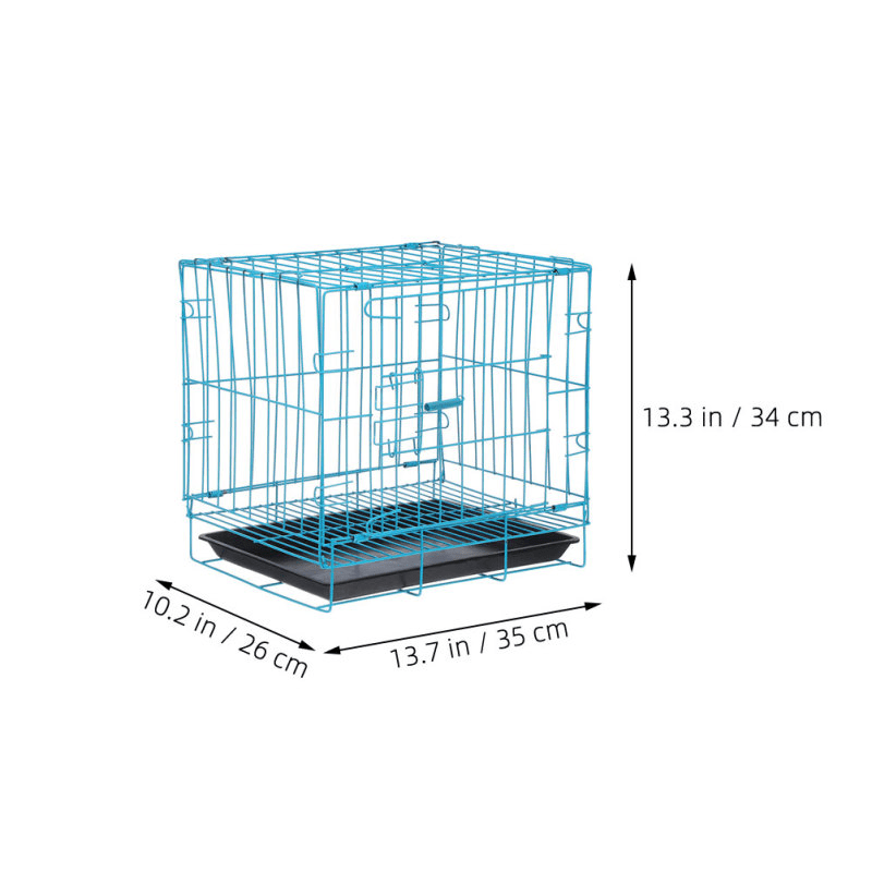 Cage en métal turquoise avec plateau noir, dimensions indiquées (34 cm de hauteur, 35 cm de largeur, 26 cm de profondeur).