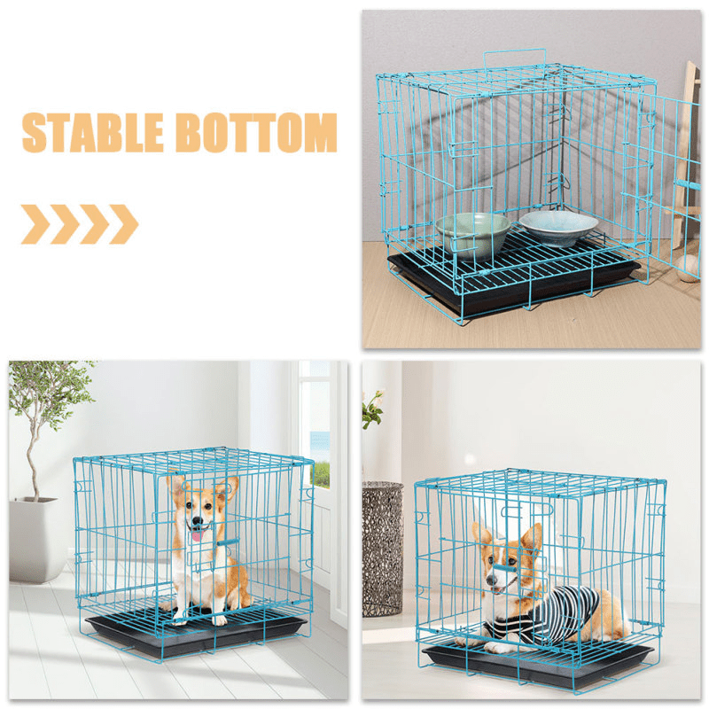 Cage en métal turquoise avec fond stable, illustrée avec un chien pour montrer l’espace et la solidité de la structure